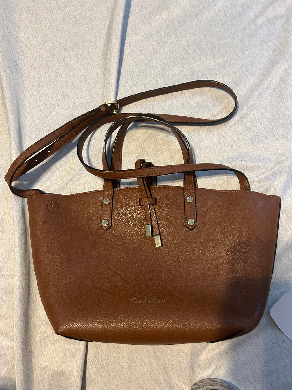 Calvin Klein Chestnut Brown Pebbled Leather Tote with Removable Strap